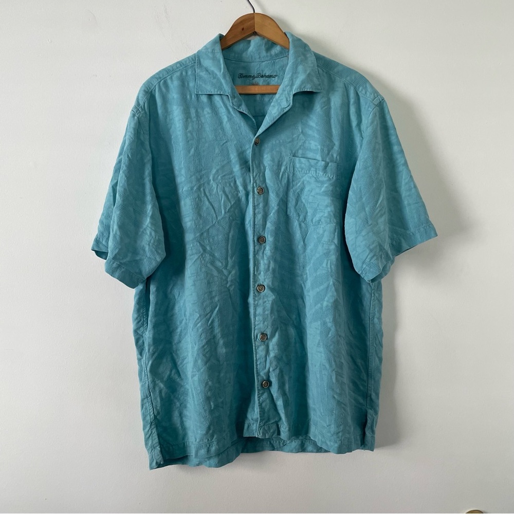 Tommy Bahama Men's Blue Silk Short Sleeve Hawaiian Button Up Shirt Size Large